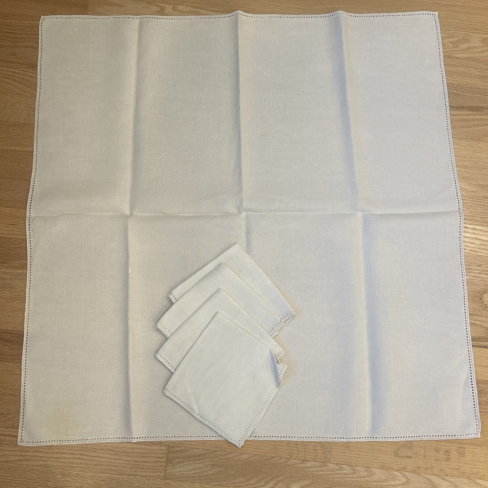 Vtg White Linen Tea Tablecloth Set 33x33 4 Napkins Hemstitched Bridge Luncheon